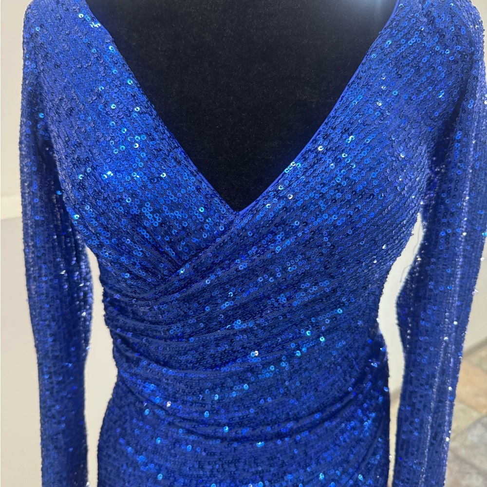 La Femme Royal Blue Sequin Long Sleeve Dress